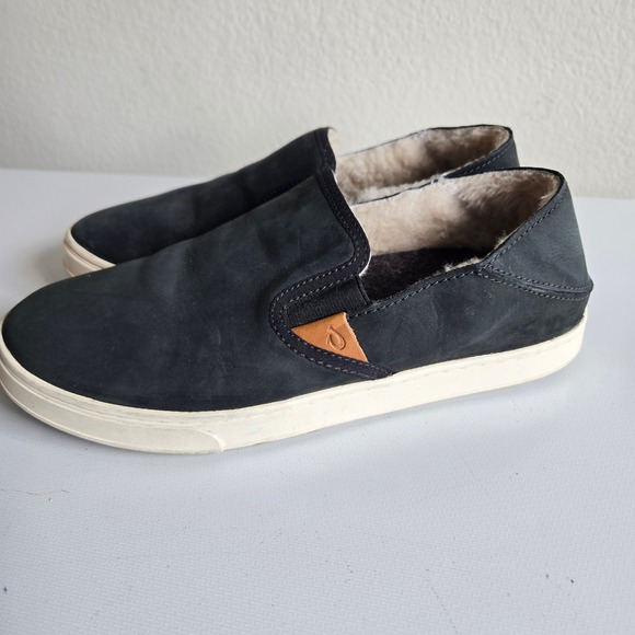 OluKai Shoes - Olukai Pehuea Heu Black Leather Shearling Lined Slip On Sneakers Womens 8 20391